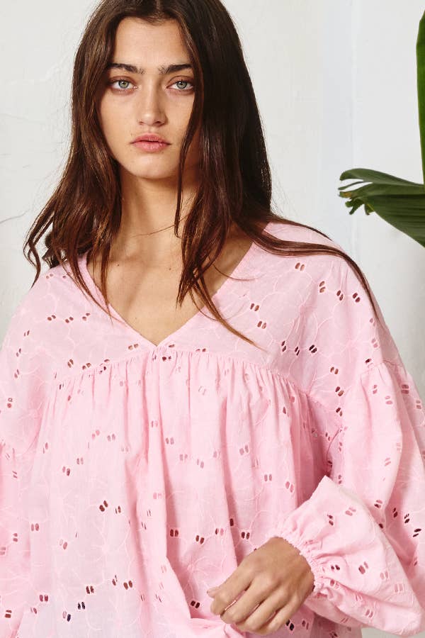 Puff Sleeve Eyelet Lace Babydoll Tunic Top