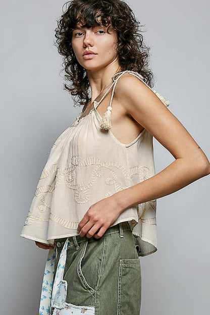 Embroidered Shirred Spangle Tassel Tie Sleeveless Top