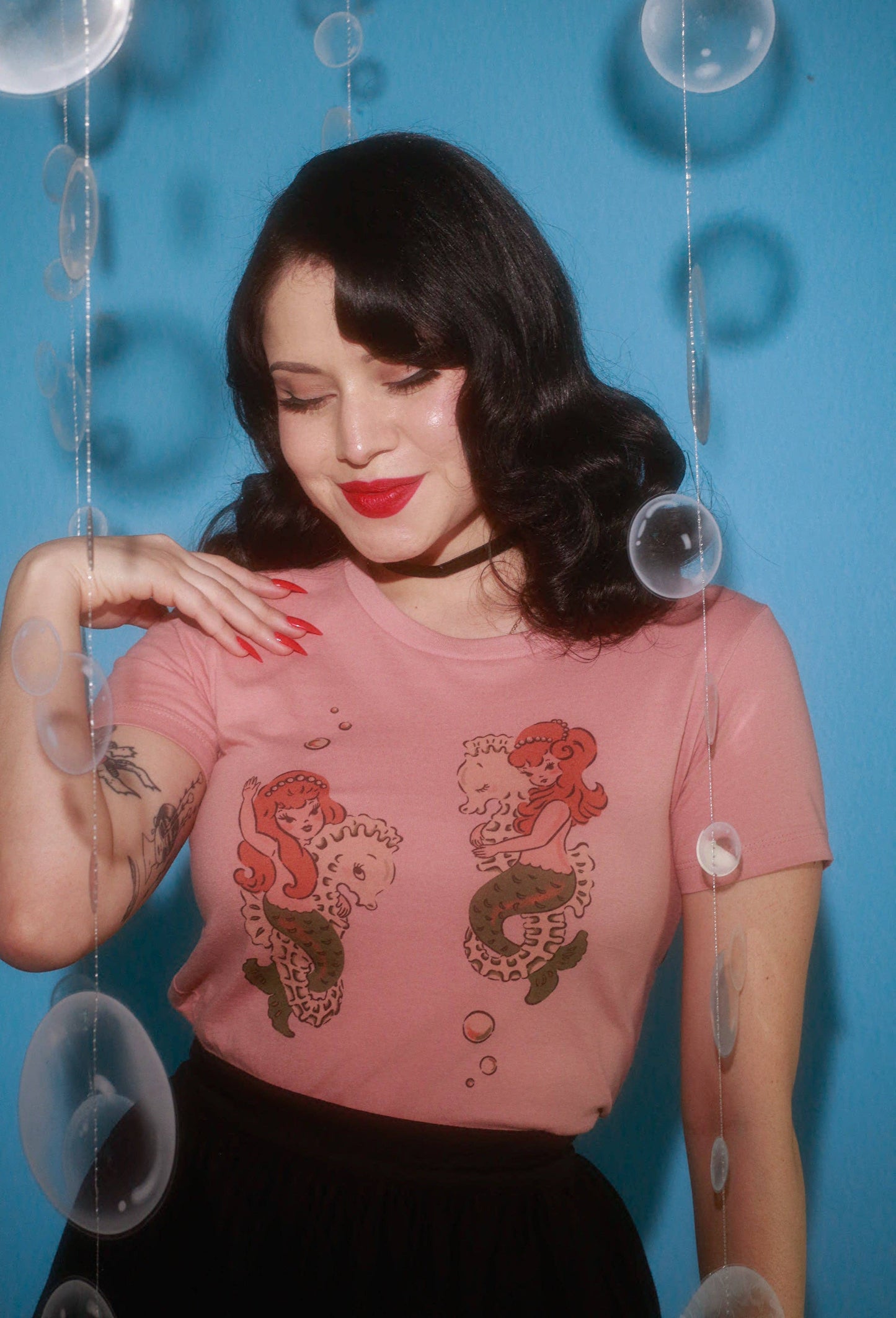 Mermaid Sisters Fitted Tee in Dusty Pink