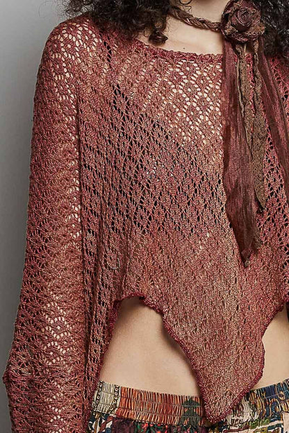 Round Neck Crochet Raw Edge Solid Knit Top