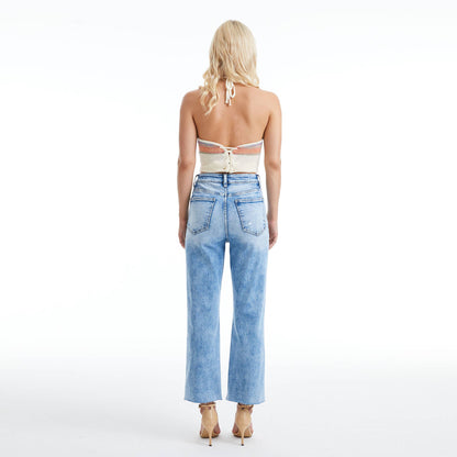 SUPER HIGH RISE STRAIGHT JEANS WITH RAW HEM