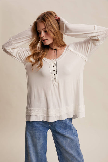 Textured Panel Button Henley Top