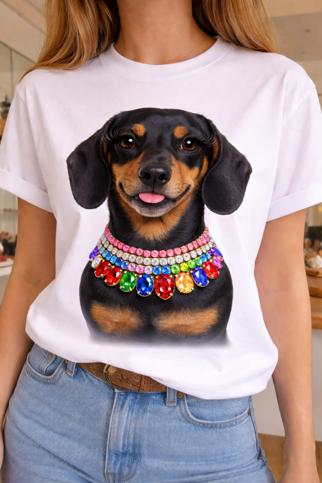 Jeweled Collar Dachshund Dog on White Or Natural Crew