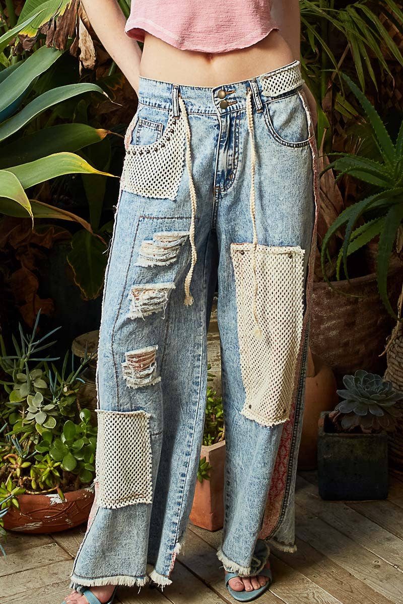 Stud Detailed Patchwork Denim Pants