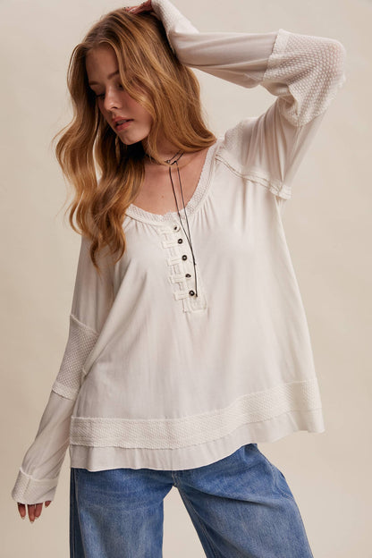 Textured Panel Button Henley Top