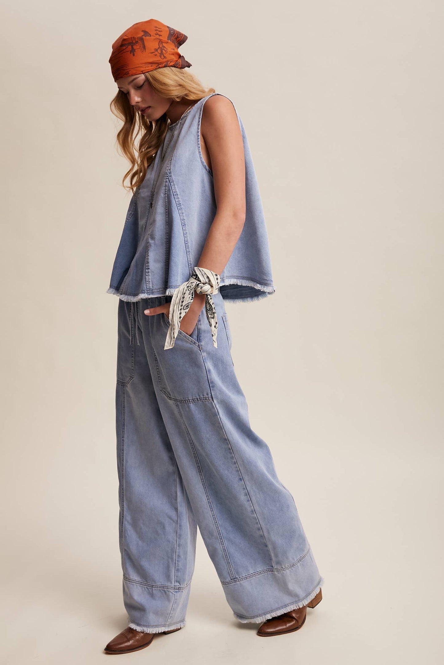 Washed Denim Tank & Wide-Leg Pants Set