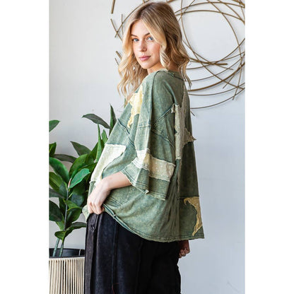 GREEN WASHED STAR PATCHWORK SHORT SLEEVE TOP