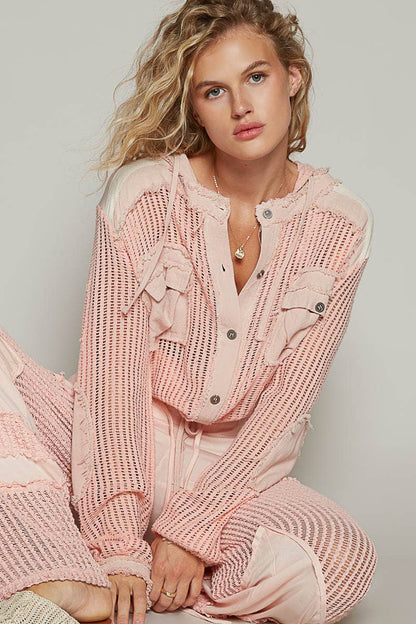 Open Knit Button Down Pocket Front Hooded Shirt Top