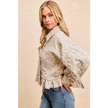Textured Floral Pattern Ruffled Hem Shirt Top