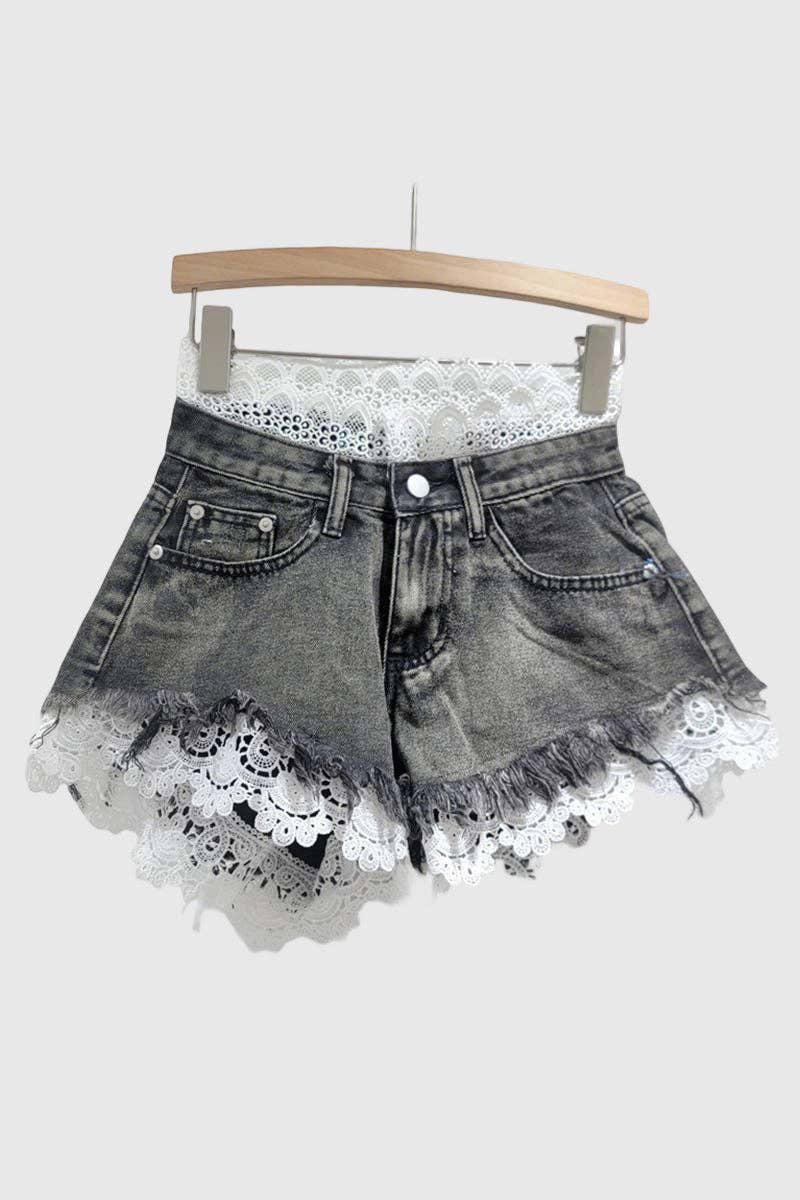 Lace-Accent Denim Shorts