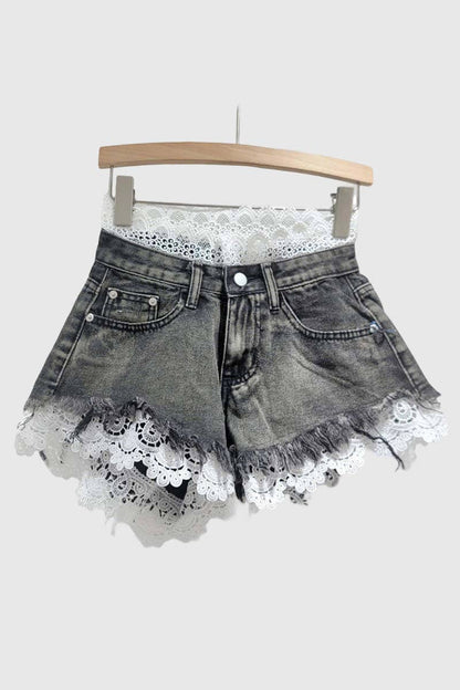 Lace-Accent Denim Shorts