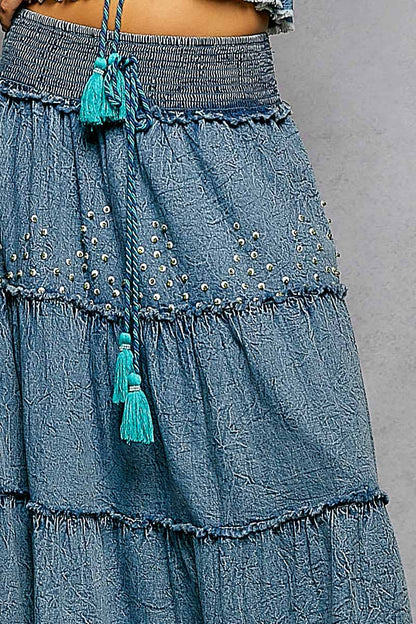 Embroidery Bead Tassel Tiered Denim Maxi Skirt