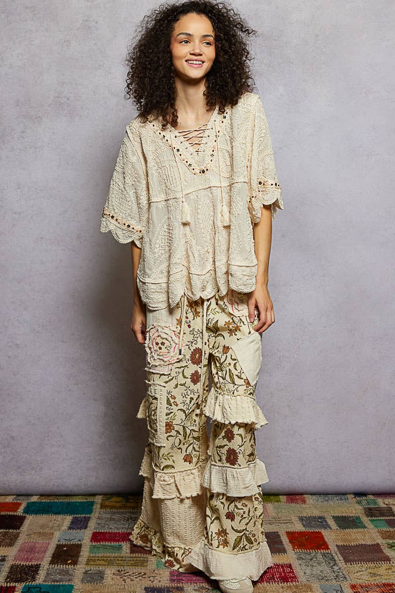 Short Sleeve Adjustable Drawstring Crochet V Neck Top