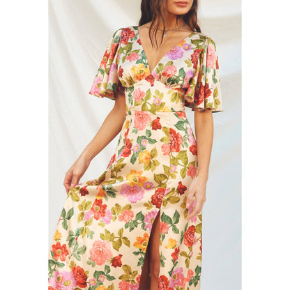 Floral Flutter Sleeve Plunging Maxi Dress
