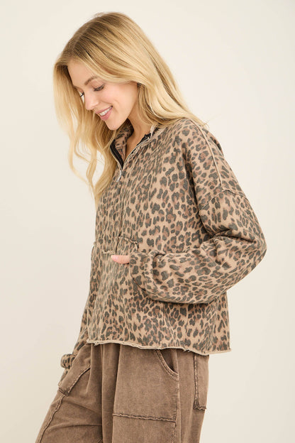 Washed Leopard Half zip Pocket Sweatshirt