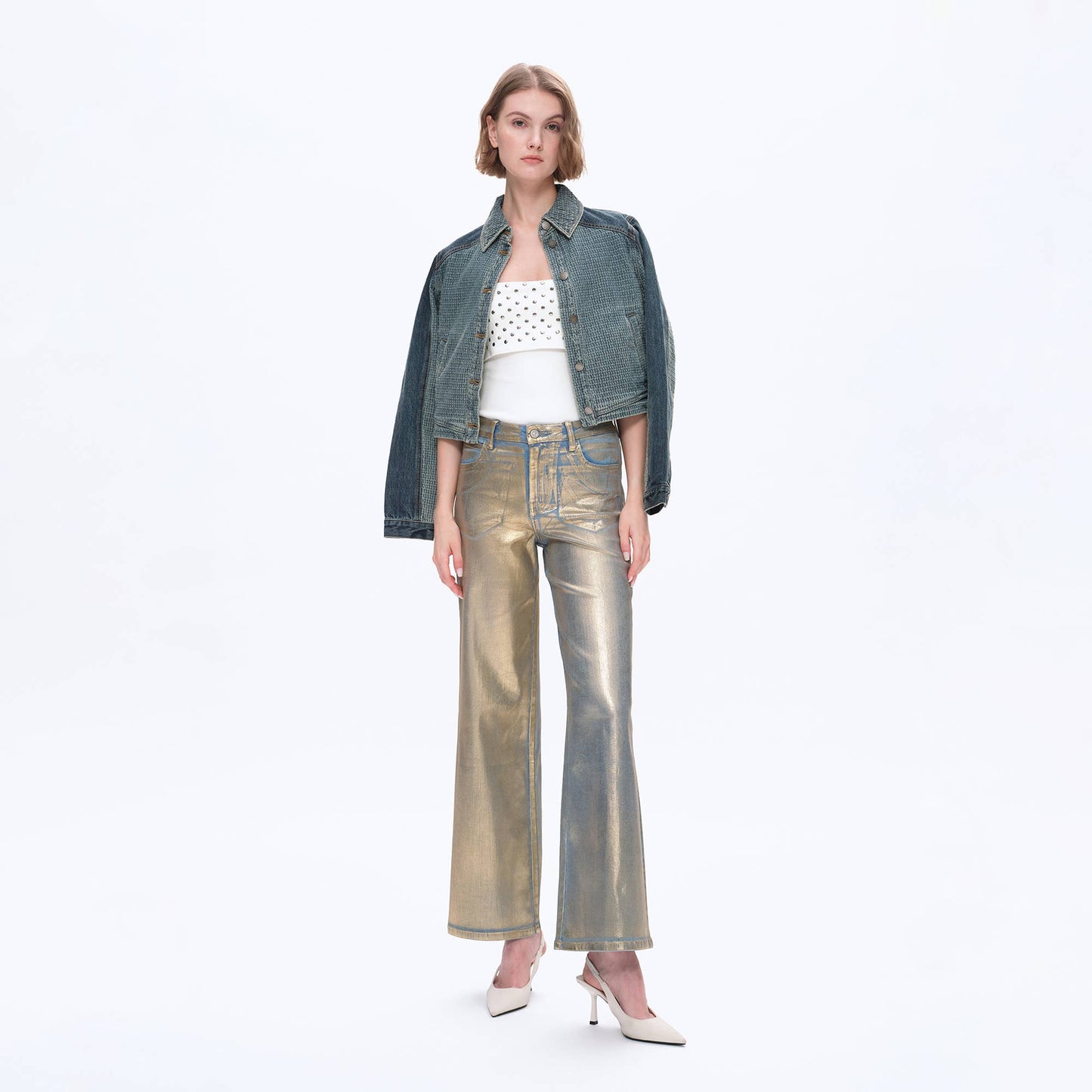 METALLIC HIGH RISE WIDE LEG DENIM JEANS