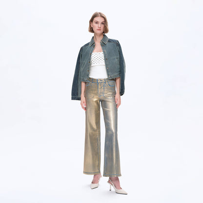 METALLIC HIGH RISE WIDE LEG DENIM JEANS