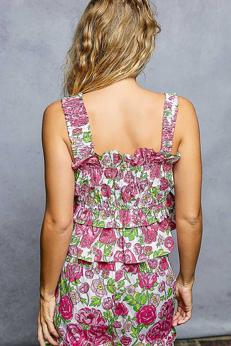 A-Line Elastic Shirring Ruffle Floral Sleeveless Top