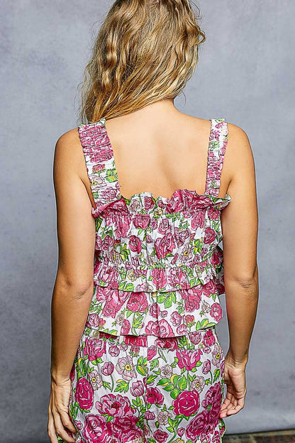A-Line Elastic Shirring Ruffle Floral Sleeveless Top