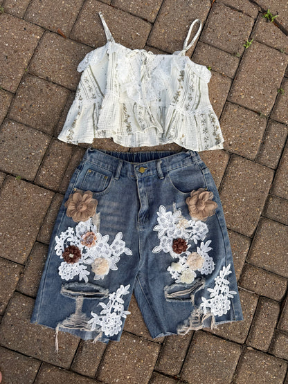 Floral Lace Embellished Denim Shorts