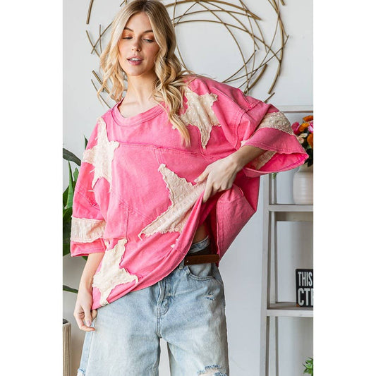 WASHED STAR PATCHWORK SHORT SLEEVE OVERSIZED TOP