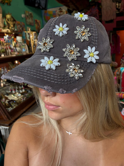 Daisy Bejeweled Bling Distressed Cap, Adjustable Multi colors available