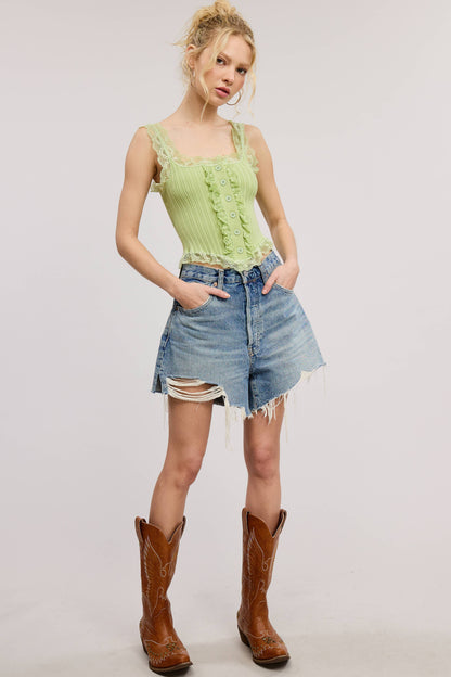 Scalloped Lace Trim Corset-Bodice Knit Tank Top