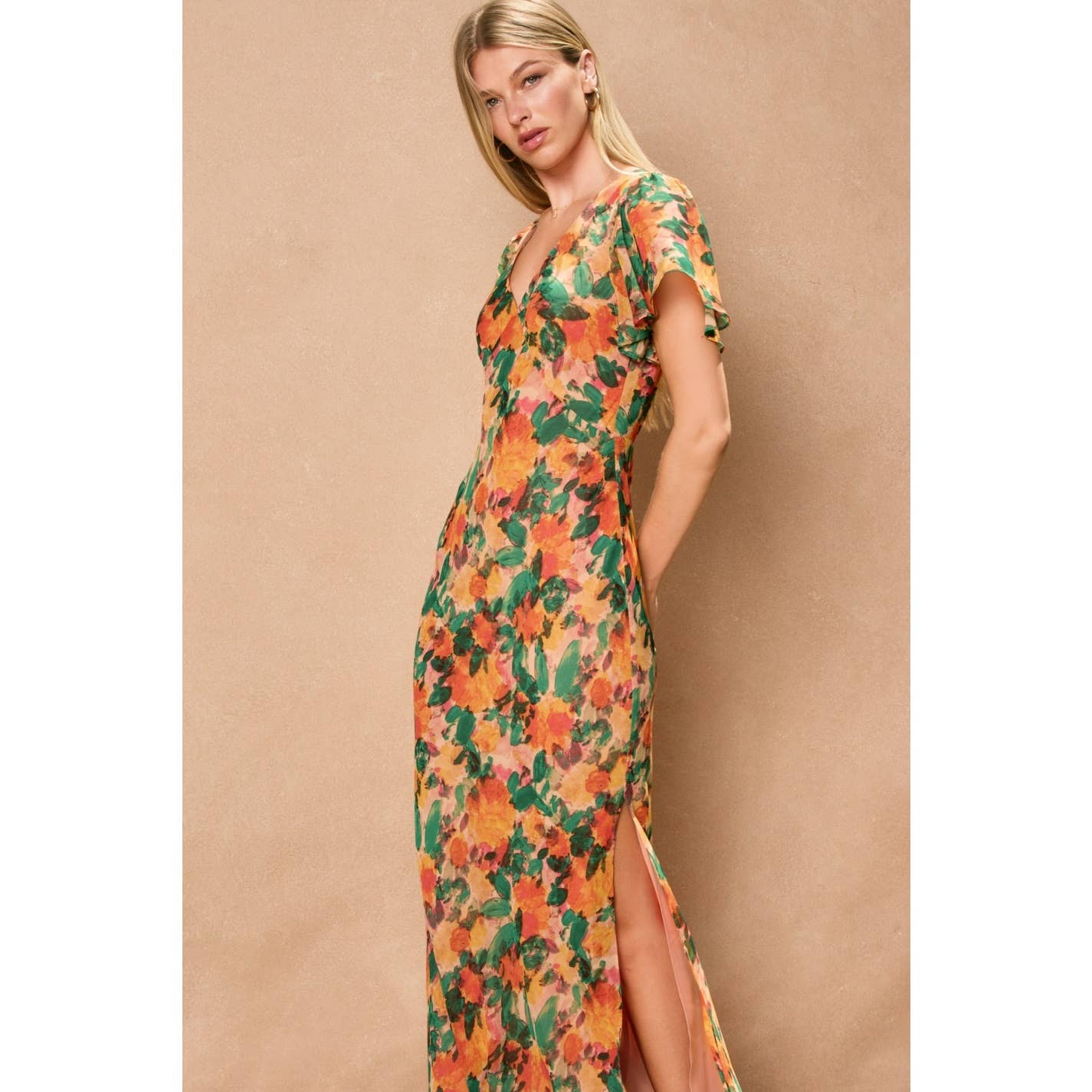 Tropical Spice Flutter Sleeve Maxi Dress