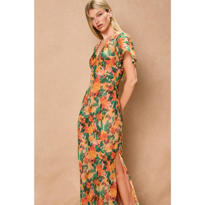Tropical Spice Flutter Sleeve Maxi Dress
