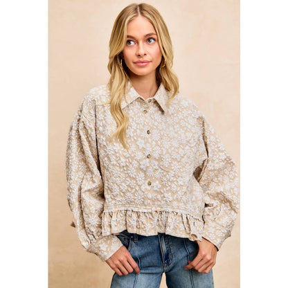 TEXTURED FLORAL PATTERN RUFFLED HEM SHIRT TOP
