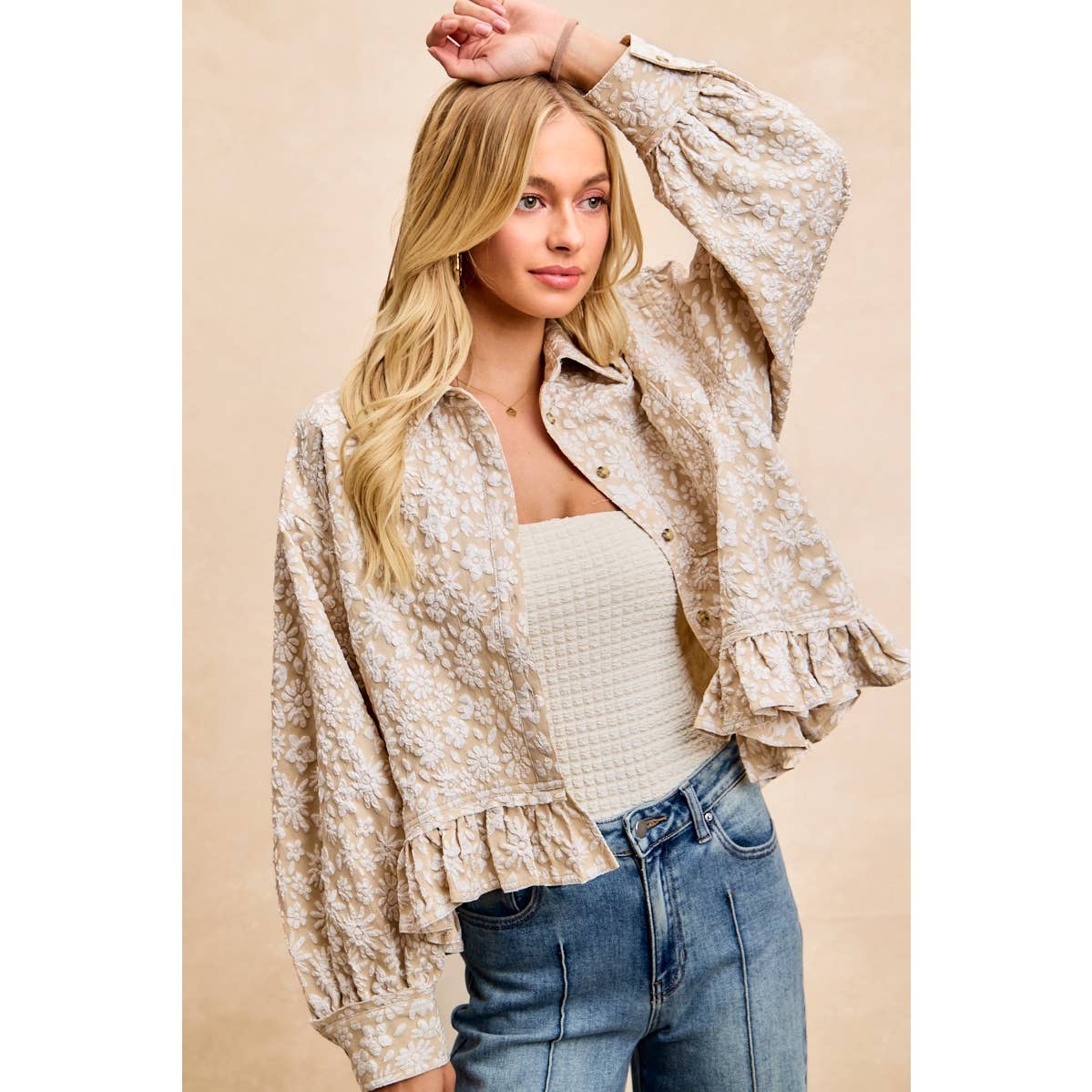 TEXTURED FLORAL PATTERN RUFFLED HEM SHIRT TOP