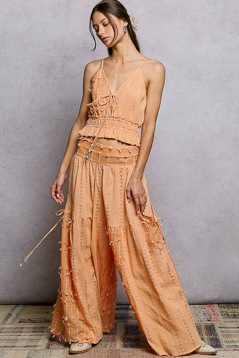 Boho Ruffle Contrast Shell Trim Wide Leg Pants