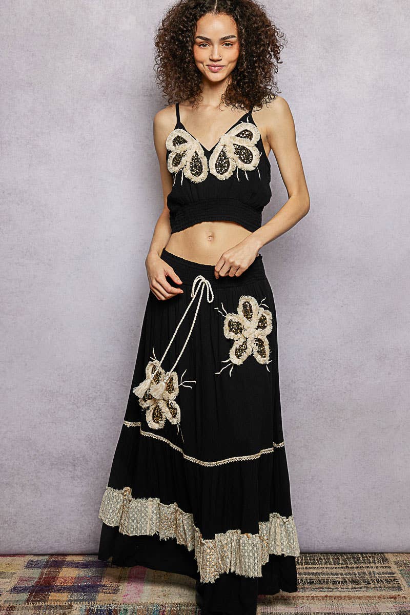 Smocked Waist Ruffle Embroidered Fringe Long Skirt
