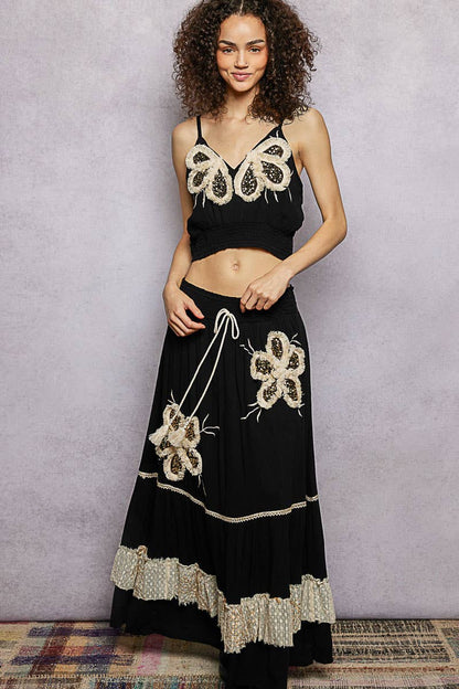 Smocked Waist Ruffle Embroidered Fringe Long Skirt