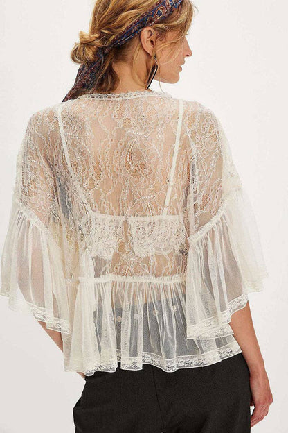 Sheer Lace Bell Sleeve V-Neck Top