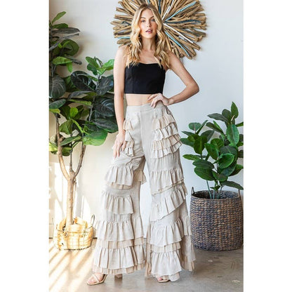 LAYERED RUFFLE PATCHED WIDE LEG PANTS