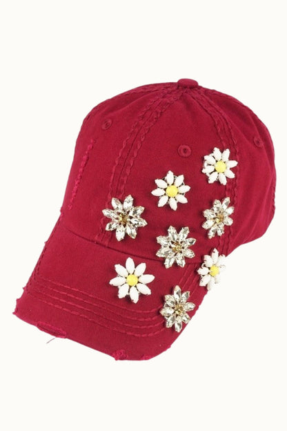 Daisy Bejeweled Bling Distressed Cap, Adjustable Multi colors available