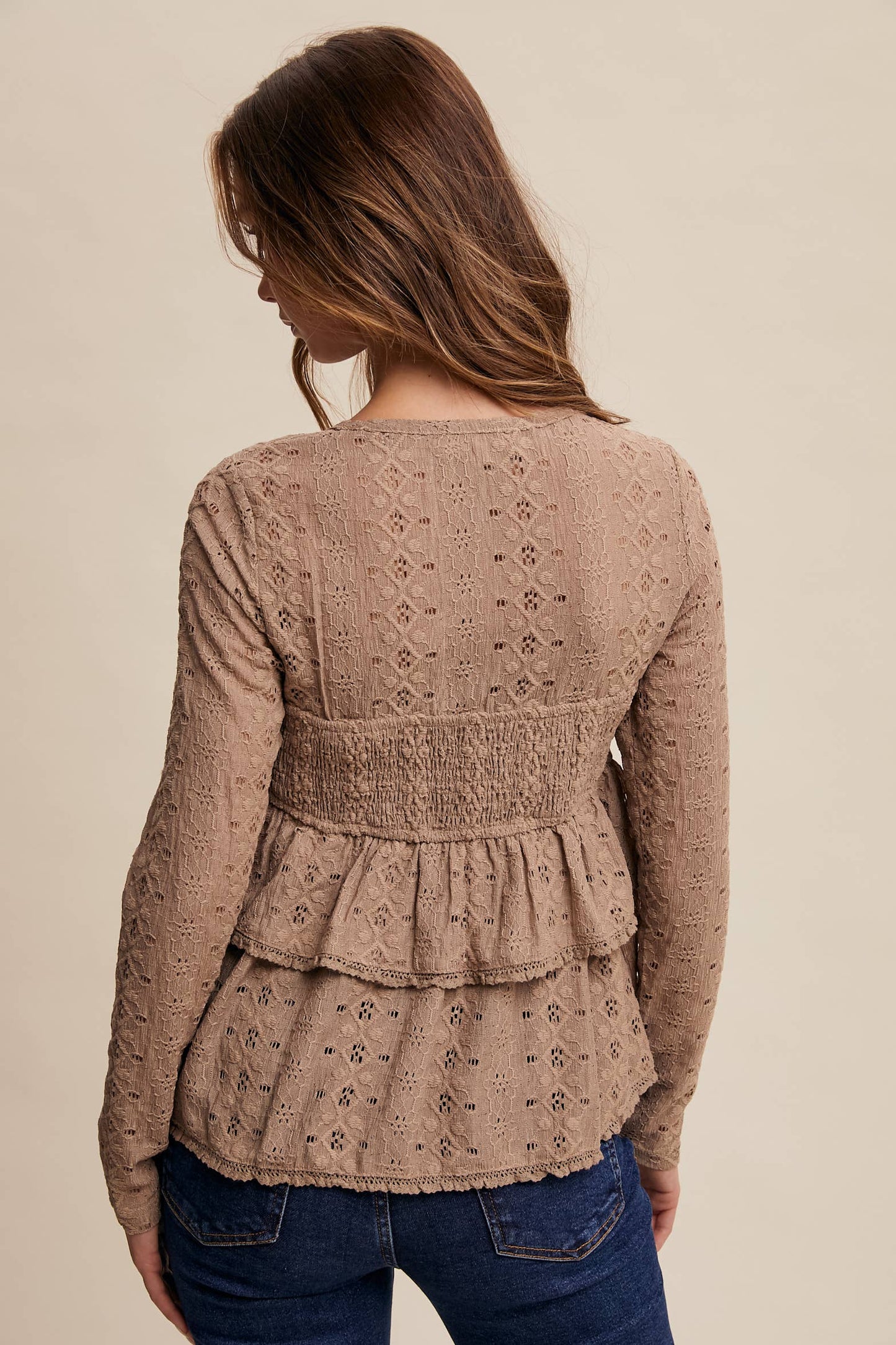 Stretch Lace Tiered Blouse with Drawstring Detail