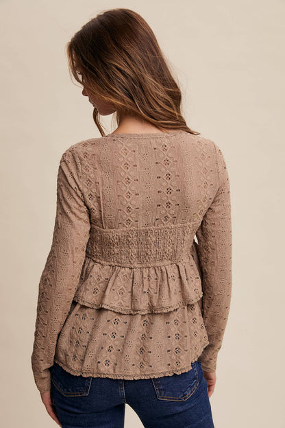 Stretch Lace Tiered Blouse with Drawstring Detail