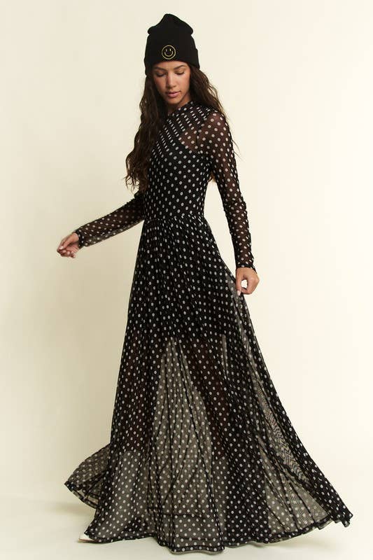POLKA DOT PRINT MESH MAXI DRESS