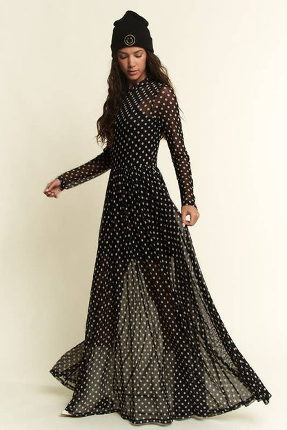 POLKA DOT PRINT MESH MAXI DRESS