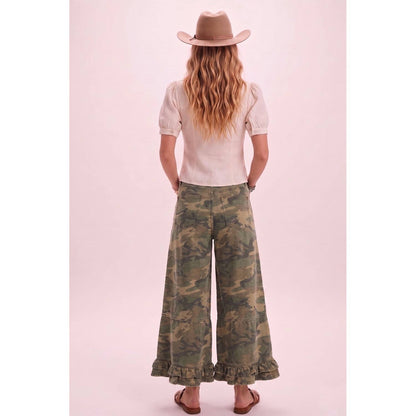 Ruffle Washed Camo Wide Leg Denim