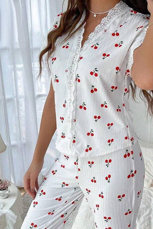 Lace Trim Red Cherry  Lounge Pajama Set