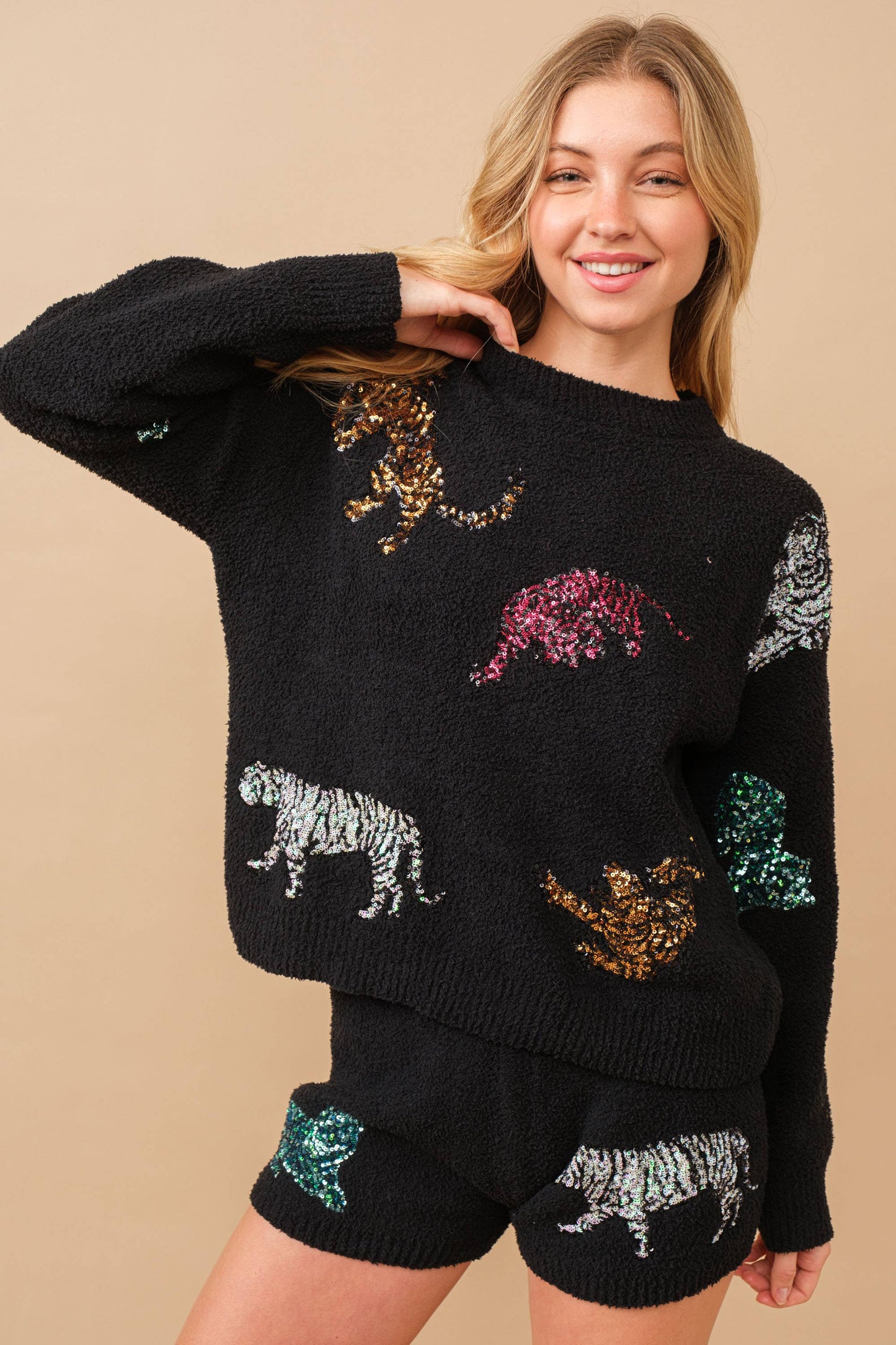 Cozy Multi Tiger Sequin top with Matching Shorts