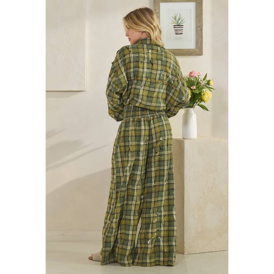 WASHED PLAID SMOCKED WAIST WIDE LEG PANTS