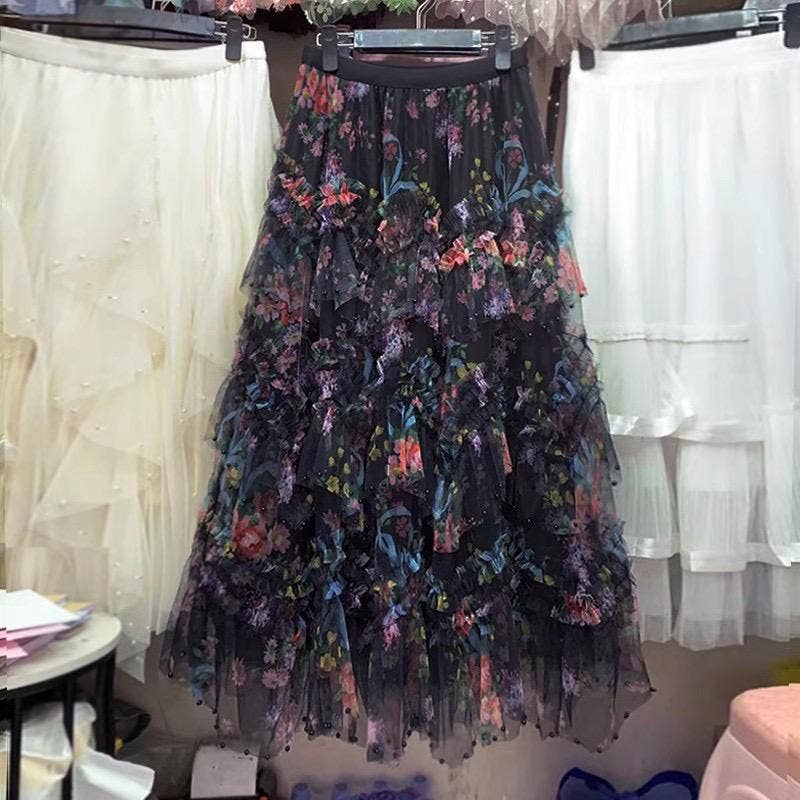 Beaded Floral Mesh Layered Skirt