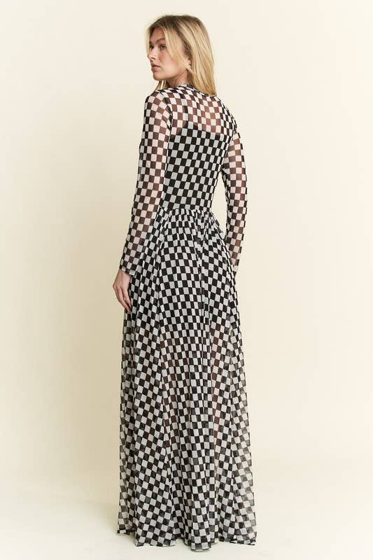 BLACK CHECKER PRINT MAXI DRESS
