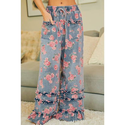 WASHED FLORAL DENIM WITH RUFFLE ELASTIC WIDE PANTS