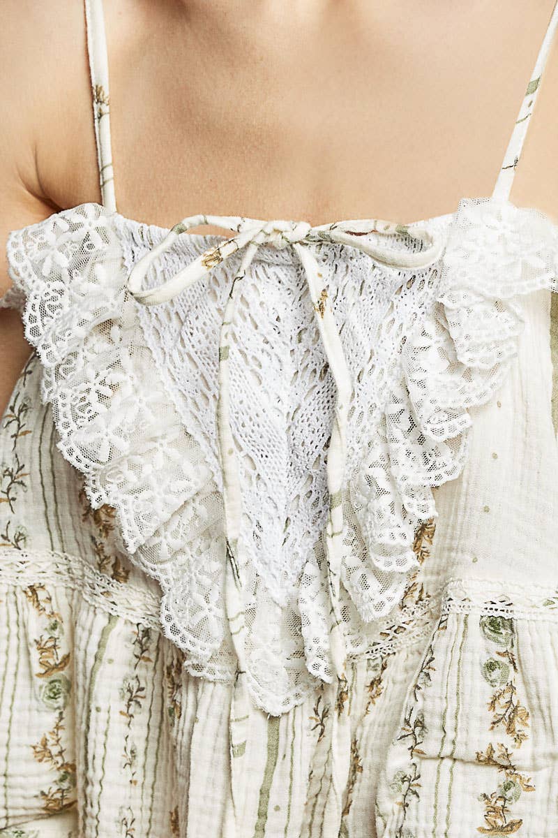 Lace Ruffles Ribbon Tie Cropped Floral Sleeveless Top