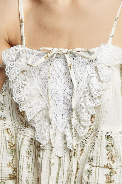 Lace Ruffles Ribbon Tie Cropped Floral Sleeveless Top